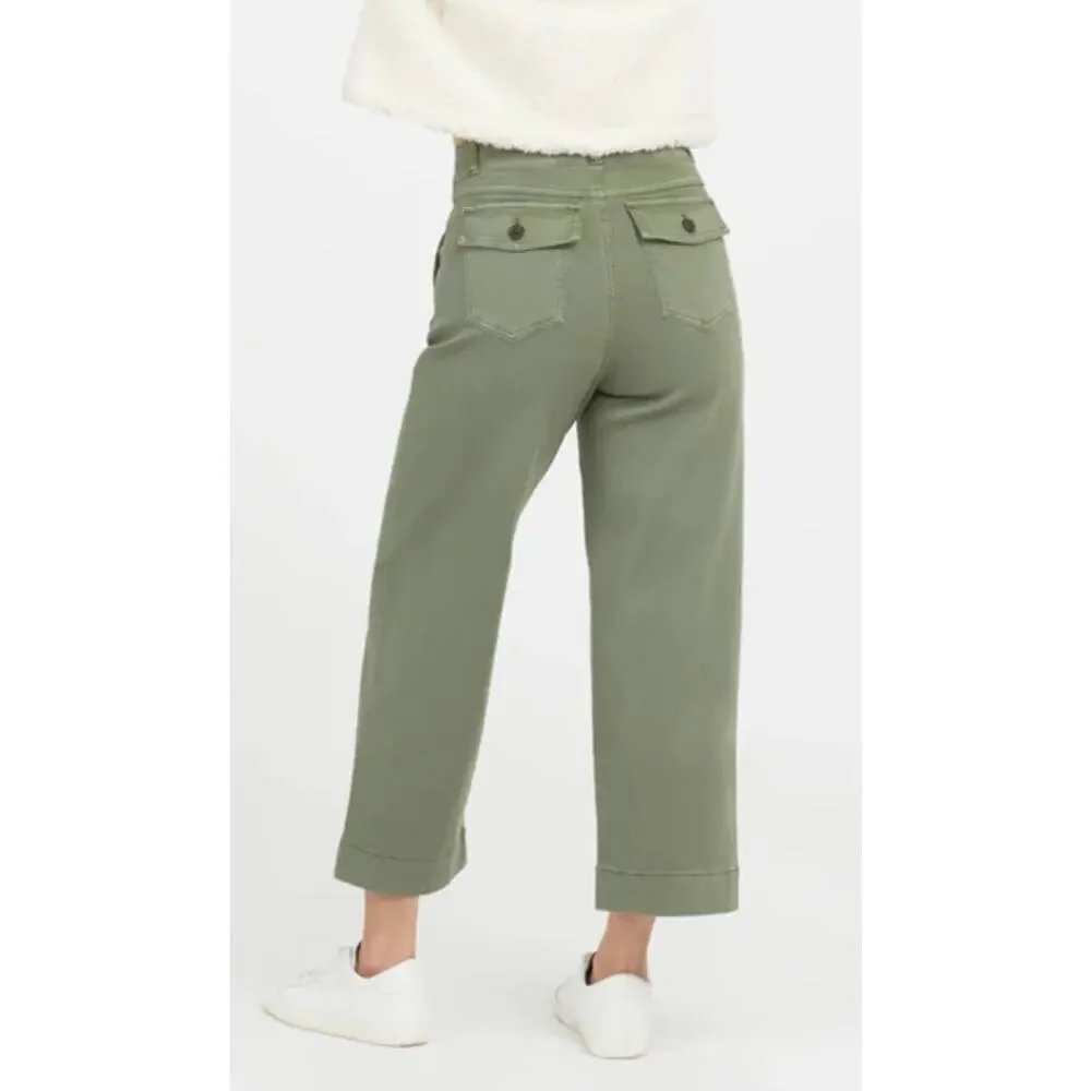 ​SPANX Twill Crop Wide Leg Pants Medium Olive Green High Waist Stretch women's.